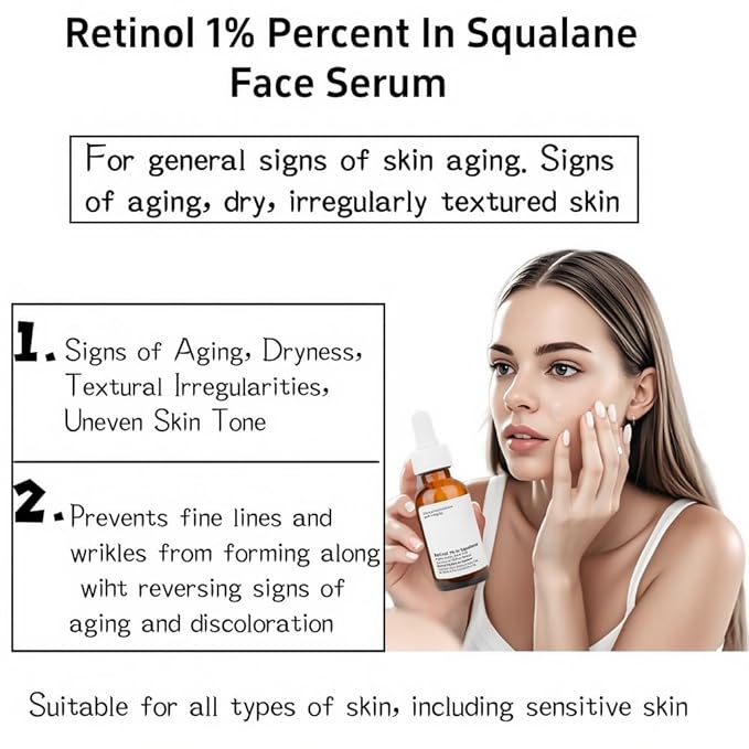 1% Retinol Serum in Squalane - Anti-Aging Formula to Reduce Wrinkles, Fine Lines & Improve Skin Texture - For Smooth, Firm Skin - 30ml