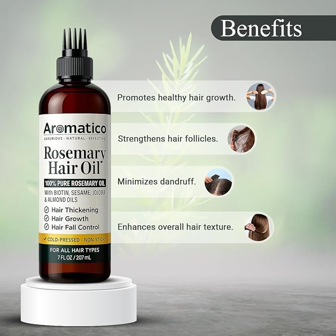 100% Pure Rosemary Oil for Hair Growth, Hair-fall Control & Hair Thickening. Enriched with Sesame, Jojoba & Almond Oils. Non-Sticky Texture. With Applicator Cap - 7 Fl Oz