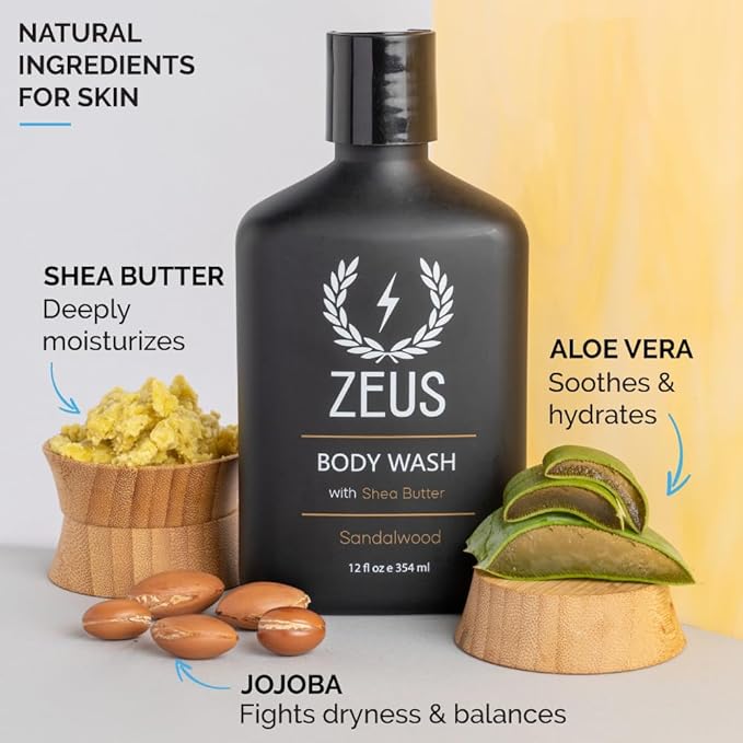 ZEUS Men's Natural Body Wash, Hydrating Shower Gel with Sandalwood Oil, Aloe Vera, Shea Butter & Invigorating Essential Oils for Skin Revitalization (Made in USA) 12 oz.