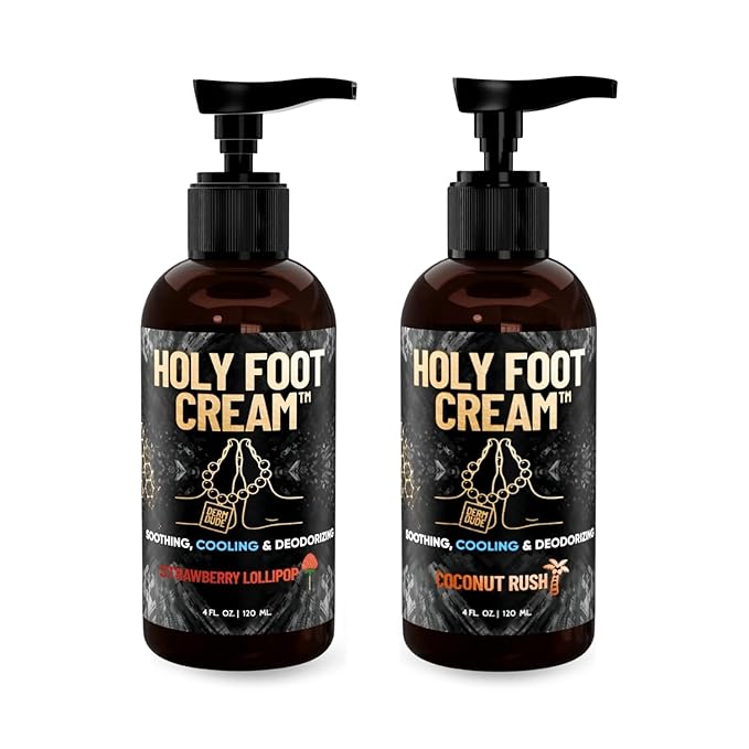 Derm Dude Holy Foot Cream, 4oz (2-Pack) | Strawberry Lollipop & Coconut Rush Scents | Moisturizing Foot Lotion with DeoPlex for Freshness & Arrowroot for Hydration