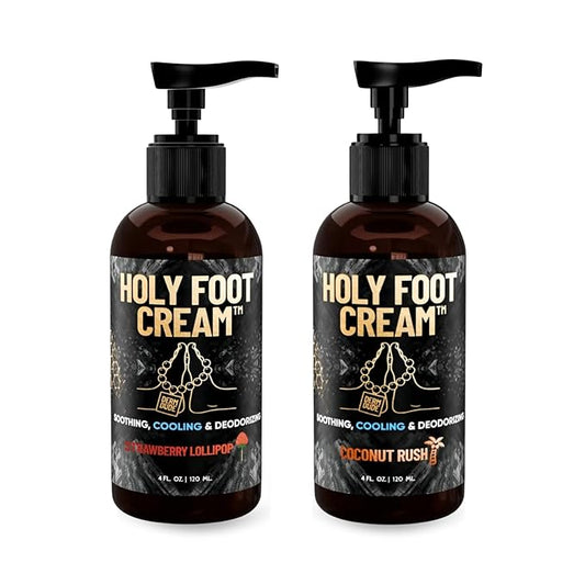 Derm Dude Holy Foot Cream, 4oz (2-Pack) | Strawberry Lollipop & Coconut Rush Scents | Moisturizing Foot Lotion with DeoPlex for Freshness & Arrowroot for Hydration