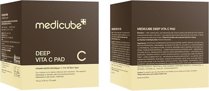 Medicube Deep Vita C Facial Pads, Vitamin C Toner Pads for Uneven Skin Tone, 500,000PPM of vitamin water & 3 types of vitamin, Hydrating & Resurfacing (70 sheets)