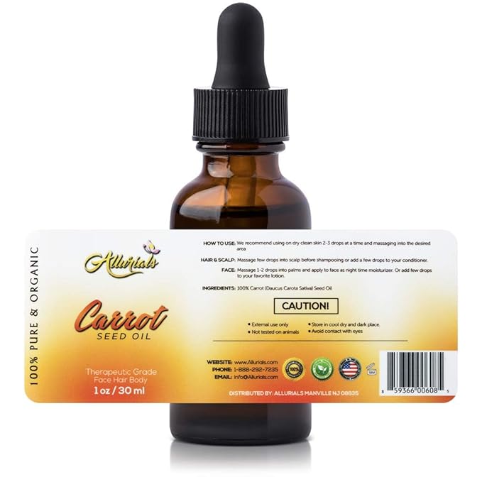 Allurials Carrot Seed Oil – 100% Pure & Organic, Unrefined, Cold Pressed, All Natural, aceite de zanahoria - Daucus Carota- Essential Carrot Moisturizer for Skin, Face and Hair Growth (1 Oz)
