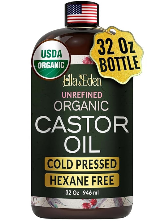 Ella & Eden Organic Castor Oil – Dark Plastic Bottle, Cold-Pressed Hexane-Free Unrefined| For Hair Growth, Skin and Face | USDA Certified & 100% Pure | 32 fl oz