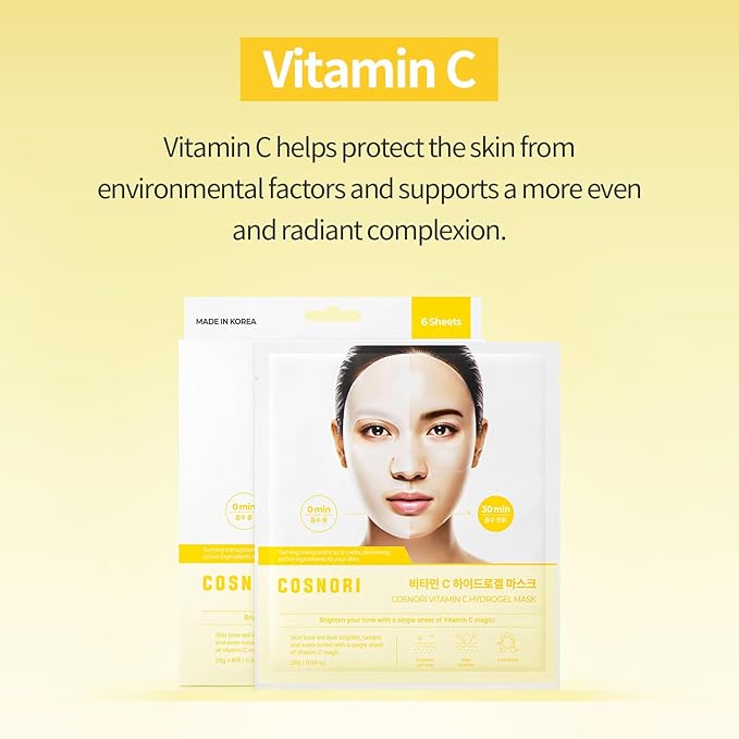 COSNORI Vitamin C Hydrogel Mask [6 Pack] - Supports a Brighter-Looking Complexion, Hydrating, Korean Facial Sheet Mask, 0.98 oz (28g)