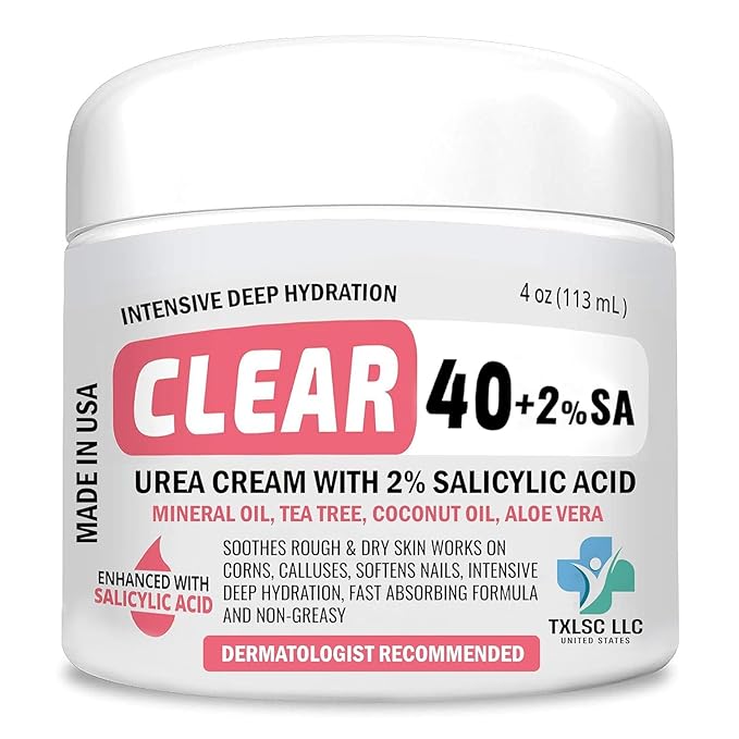 CLEAR Urea Cream 40 Percent Plus 2% Salicylic Acid (4oz) Made in USA | Urea Foot & Hand Cream Softens Cracked Heels & Dry Skin with Tea Tree & Coconut Oil - Callus & Corn Treatment