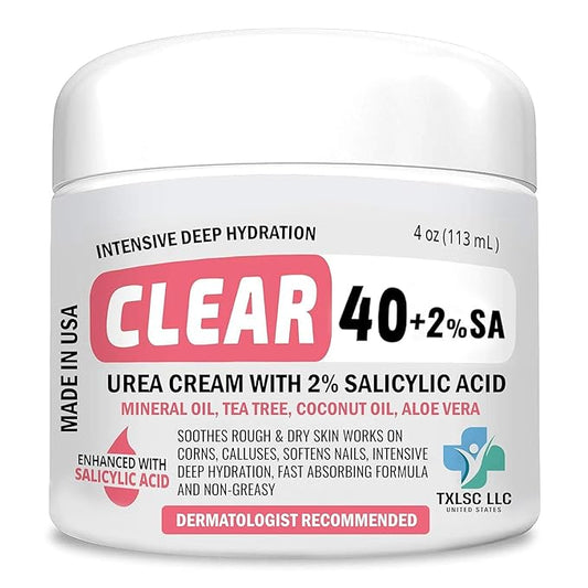 CLEAR Urea Cream 40 Percent Plus 2% Salicylic Acid (4oz) Made in USA | Urea Foot & Hand Cream Softens Cracked Heels & Dry Skin with Tea Tree & Coconut Oil - Callus & Corn Treatment