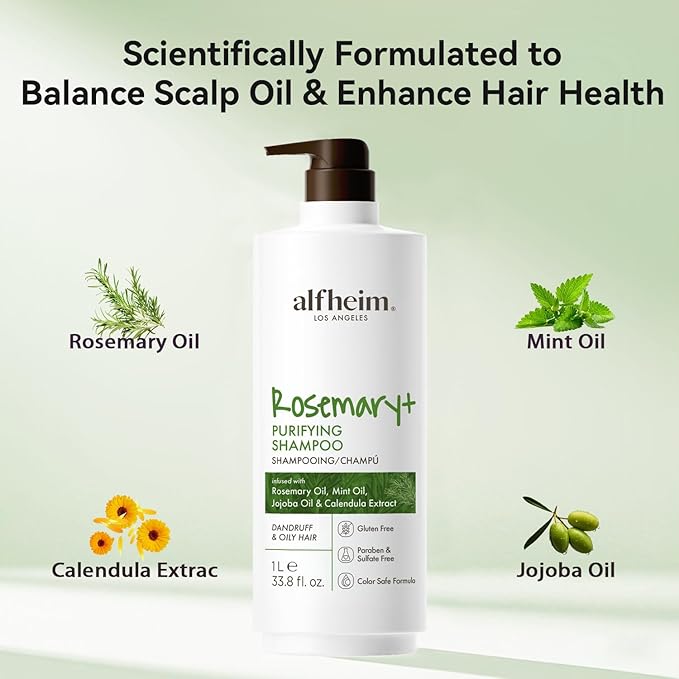 ALFHEIM Rosemary+ Purifying Shampoo | Rosemary, Mint & Jojoba Oil Infused | Gentle Cleansing While Balancing for Oily Scalp & Removing Build-Up | Sulfate-Free ＆ Paraben-Free | 33.8 fl oz