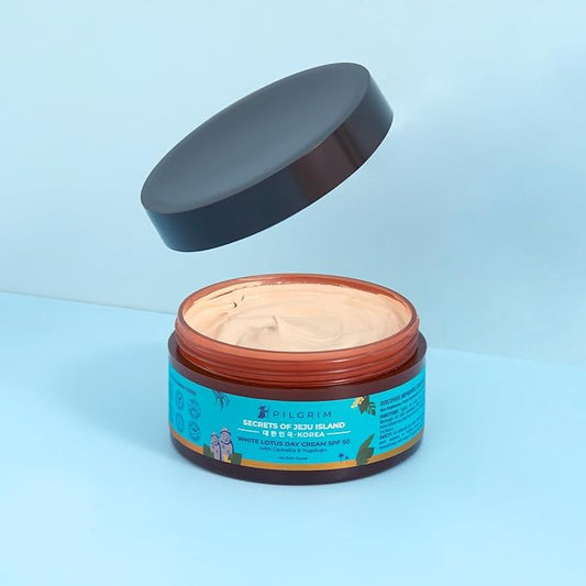 Pilgrim Korean White Lotus Day Cream SPF 50 (PA+++) | Infused with Camellia & Yugdugu | Reduces Wrinkles | Fights Dark Spots & Provides Healthy Skin Protection | 3.52 Oz/100gm