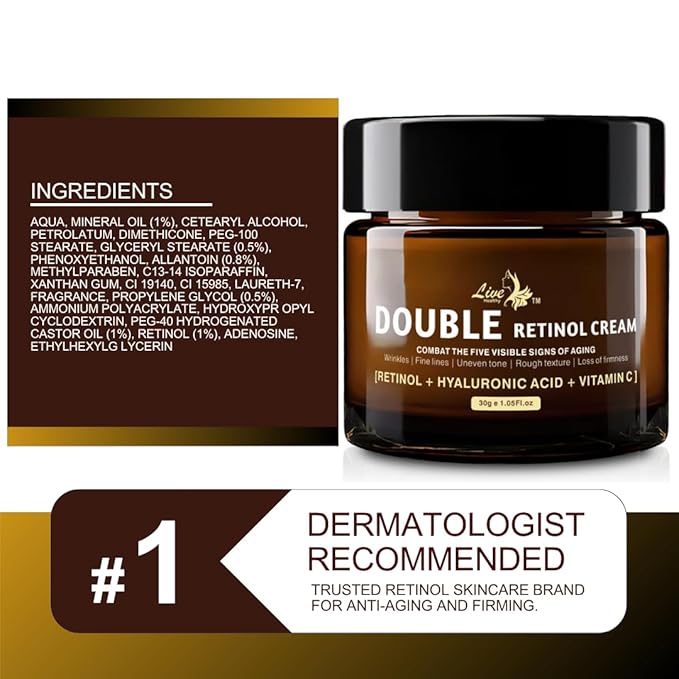 Live Healthy Retinol Cream for Face - Anti Aging, Day & Night, Face Moisturizer - Wrinkle Cream, Neck Creams for Tightening and Firming, Collagen, Hyaluronic Acid, for Men & Women |1.05 fl oz