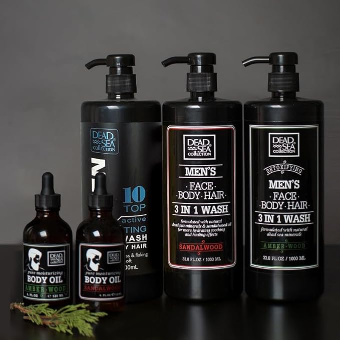 Dead Sea Collection Mens Body Wash 3 in 1 – Sandalwood Body Wash for Men – Shower Gel – Shampoo – Shower Soap for Face and Hair (33.8 Fl. Oz)