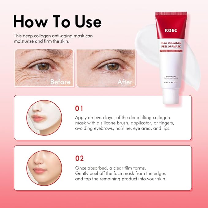 Real Collagen Peel Off Face Mask Collagen Overnight Wrapping Facial Mask,Deep Hydrating,Restores Elasticity,and Refine Pores,Hydrolyzed Collagen with 500 DA for Glass Glow Skin,1.69 fl.oz