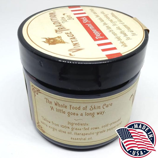 Vintage Tradition Beef Tallow All Purpose Balm - Healing, Hydrating Peppermint Skin Care Salve Replaces Body Lotion, Hand Cream, More - Essential Oil, Olive Oil, and Grass-Fed Tallow, 2 fl. oz.