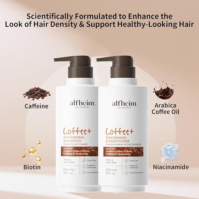 Alfheim Caffeine Shampoo & Conditioner Set | Energizing Hair Care with Biotin & Niacinamide | Strengthens Strands & Supports Scalp Balance | Sulfate-Free, Ideal for Oily Scalp & Fine Hair | 18 oz Each