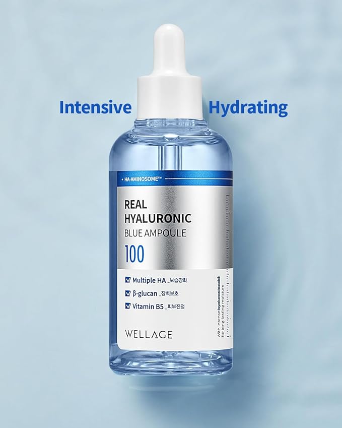 WELLAGE Real Hyaluronic Blue Ampoule 100, Korean Skincare, Fragrance Free Hyaluronic Acid Serum with Panthenol, Wild yam, Centella for Sensitive Dry Skin Moisturizer 1.01 fl.oz