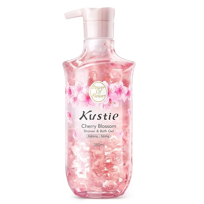 Kustie Cherry Blossom Petal Body Wash with Niacinamide & Real Flower Extracts – Brightening & Hydrating Perfume Shower Gel with Antioxidants, Amino Acids & Long-Lasting 24H Floral Fragrance, 12.8 oz
