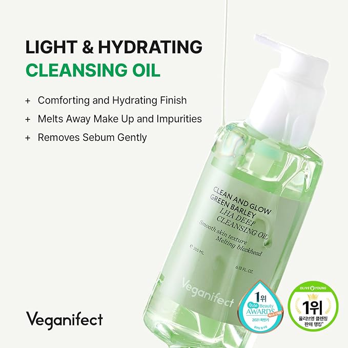 Green Barley Light Cleansing Oil, Hydrating Daily Cleanser for Sensitive Skin, Blackhead Remover, Korean Vegan Skin Care, 6.93 Fl Oz