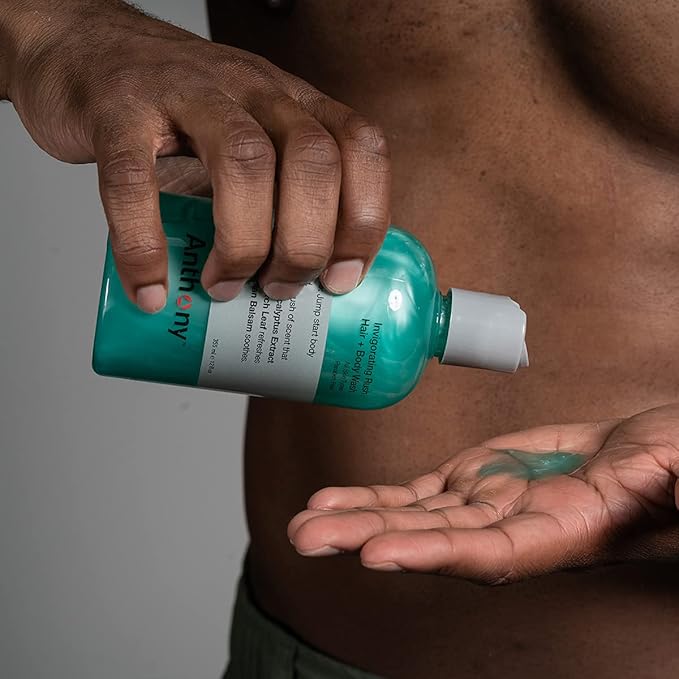 Anthony Mens Body Wash and Shampoo: Invigorating Rush 2-In-1 Liquid Gel Soap & Hair Shampoo, Pine Wood Scent, Hydrating with Eucalyptus, Canadian Balsam, Birch Leaf, Charcoal, Sea Kelp, 12 Fl. Oz