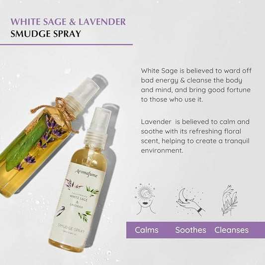 White Sage & Lavender Smudge Spray by Aromafume | 100ml/3.3 oz | Sage Spray for Cleansing Negative Energy & Protection | Non-Toxic | Room Spray for Spiritual Cleansing, Smokeless Sage Smudging