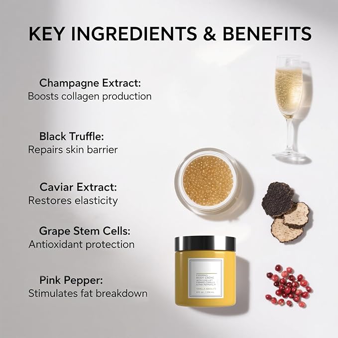 Champagne Firming Body Cream, Advanced Champagne Body Cream with Luxe-Lift Complex - Visibly Tighten & Lift Crepey Skin on Arms, Legs, Hydrating Anti-Aging Champagne Body Firming Cream, 8 oz