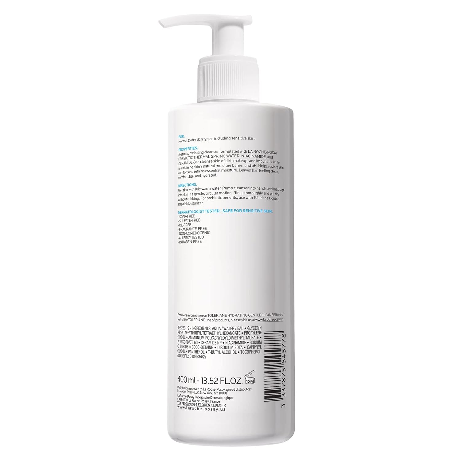 La Roche-Posay Toleriane Hydrating Gentle Face Cleanser – Daily Cream Cleanser with Niacinamide & Ceramides for Dry to Normal, Sensitive Skin
