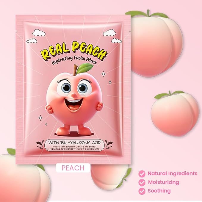 Kaely 12 Pack Peach Face Masks for Kids, Kids Face Mask Spa Day Kit Supplies, Spa Party Favors for Teens Girls Women, Sheet Facial Mask Skincare Gifts Set, Moisturize Soothe for All Skin Types, 08