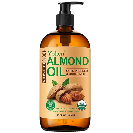 Yoken Organic Almond Oil 16 fl oz, USDA 100% Pure Cold Pressed Almond Oils in Glass Bottle, Natural Moisturizer for Face, Hair & Body, Ideal Carrier Oil for Skin Care, DIY Beauty & Soothing Massage