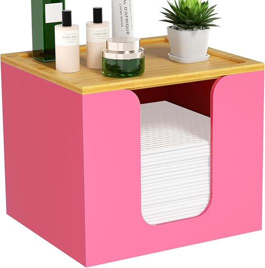 VITVITI Disposable Face Towel Holder Box, Acrylic Facial Towel Container for XL Clean Skin Club, Large Disposable Face Towels Storage with Bamboo Lid, for Bathroom, Vanity Makeup, Pink