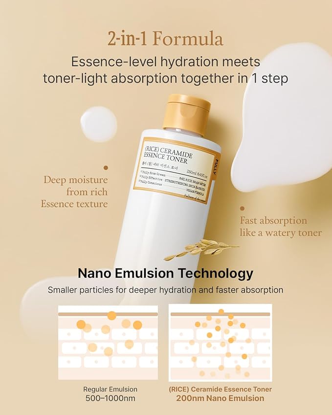 FULLY Rice Ceramide Essence Toner – Milky Korean Toner for Glass Skin, Hydrating Rice Water & Ceramide Formula for Moisture Barrier, Dewy Glow, Fragrance-Free, Vegan & Dermatologist Tested, 8.45 fl.oz