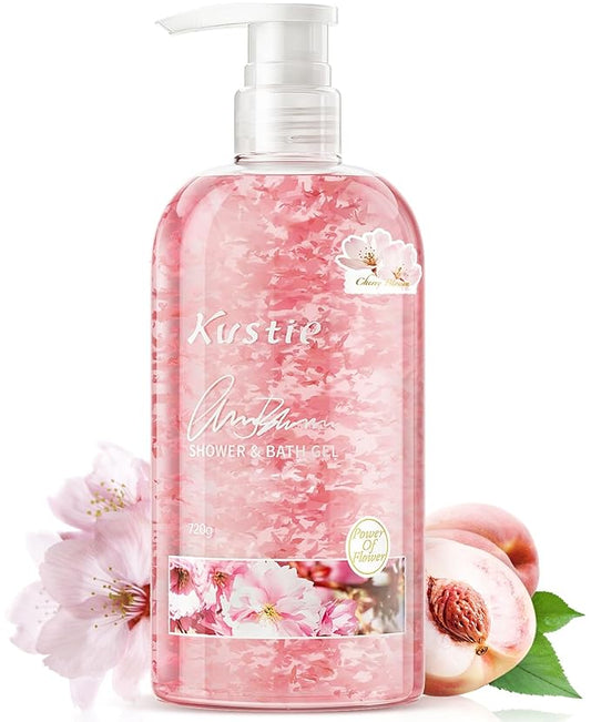 Kustie Cherry Blossom Perfume Body Wash with Niacinamide & Real Sakura Petals – 24H Long-Lasting Floral Scent Shower Gel in Clear Pump Bottle – Brightening, Hydrating & Antioxidant, 24.3 fl oz