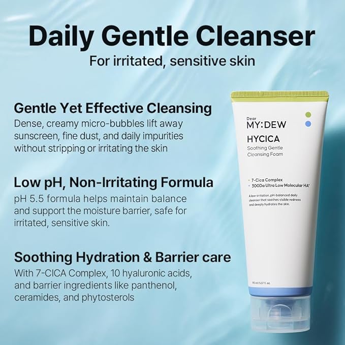 HYCICA Soothing Gentle Cleansing Foam | Low pH 5.5 Cleanser for Sensitive Skin, Calming Hydrating Cica Face Wash & Barrier Care, Centella, Ultra-Low Molecular HA, Korean Skincare, 5.07 fl oz
