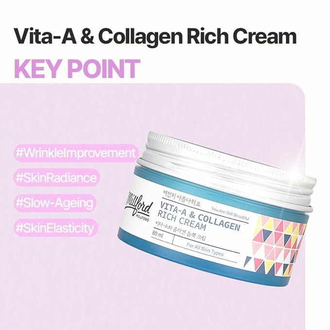 Vita A & Collagen Rich Cream 80ml/2.7 Oz, Fish/Marine Collagen, Face Cream, Anti Aging, Facial Moisturizer, Wrinkes, Fine Lines, Retinyl Palmitate, Korean Skincare