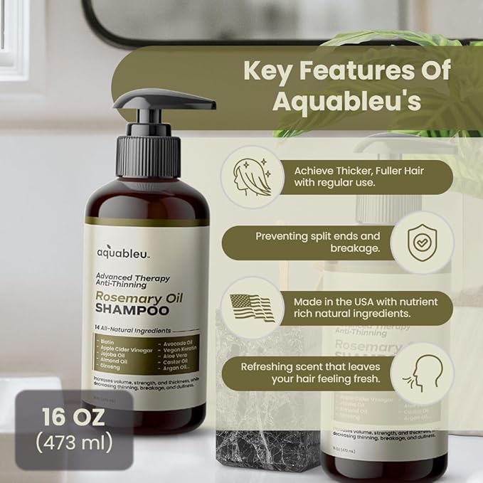 Aquableu Advanced Therapy Anti-Thinning Rosemary Oil Shampoo with 14 All-Natural Ingredients for Volume, Strength, and Thickness (16oz)