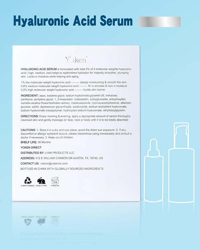 Yoken EWG Verified Hyaluronic Acid Serum for Face 8 + 2 fl oz, Vitamin B5 & Triple Pure Hyaluronic Acid 2%, Anti-aging Facial Serum for Fine Line Wrinkle Hydrating Serum Plump Dry Skin Fragrance-Free