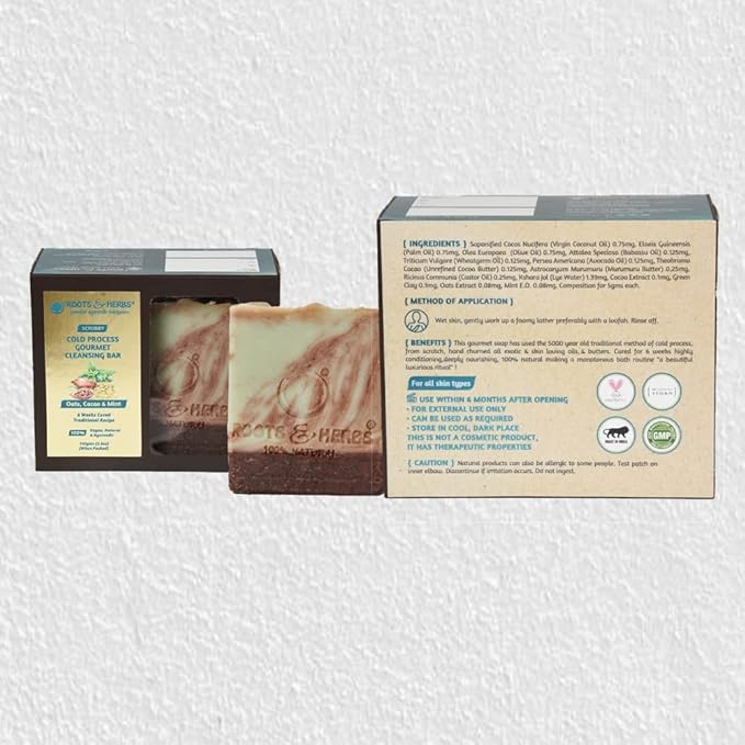 ROOTS AND HERBS Cold Process Gourmet Cleansing Bar Oats, Cacao & Mint Scrubby Body Soap 100% Vegan, Natural & Ayurvedic Gluten Free Soap Suits for All Skin Types for Men & Women - (110 gms/3.8 oz)