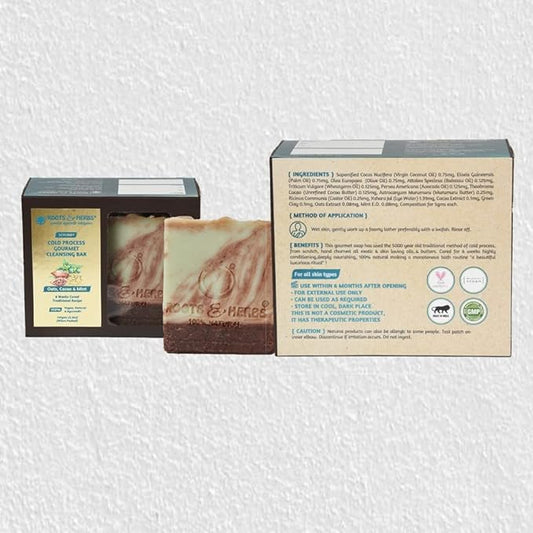 ROOTS AND HERBS Cold Process Gourmet Cleansing Bar Oats, Cacao & Mint Scrubby Body Soap 100% Vegan, Natural & Ayurvedic Gluten Free Soap Suits for All Skin Types for Men & Women - (110 gms/3.8 oz)