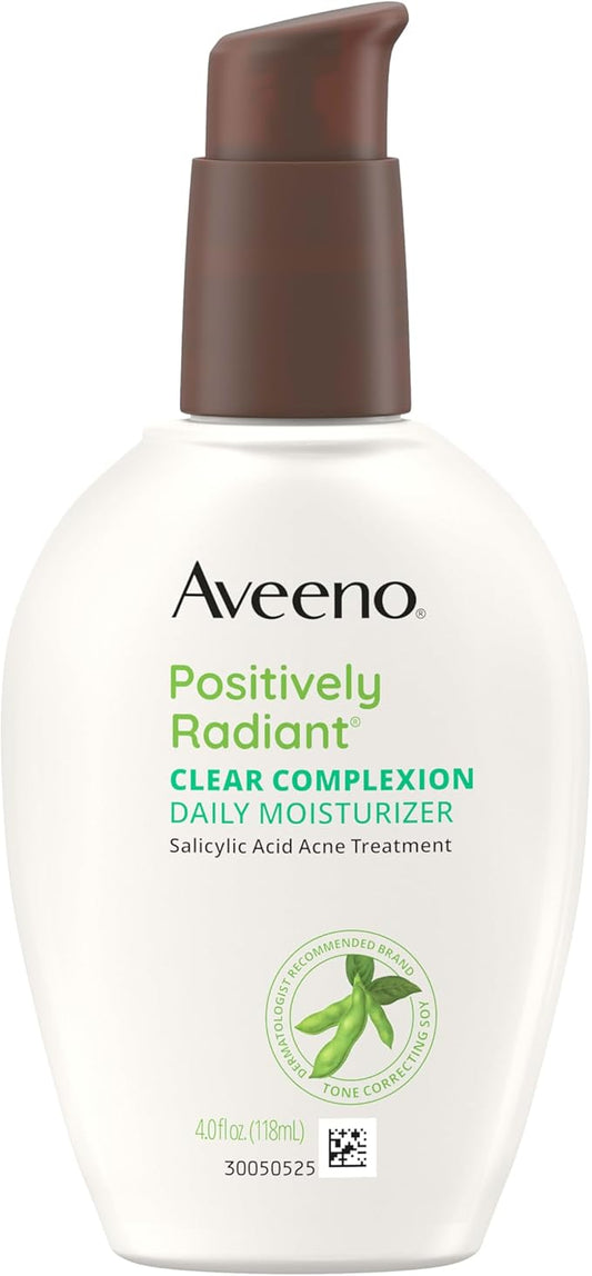 Aveeno Positively Radiant Clear Complexion Face Moisturizer, Acne Facial Moisturizer with Soy and Salicylic Acid for Oily Skin, Hypoallergenic Formula, Paraben-Free, Non-Comedogenic, Pump, 4 FL OZ