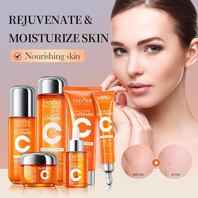 Compatibility Vitamin C Skincare kit SADODER,Skin Hydration | 2x Gift Box ( 6-Piece Face Care Kit ) Includes Toner,Serum, Cleanser,Moisturizer,Eye Cream & Body Lotion,Gift,Women