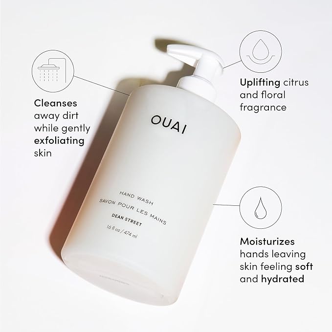 OUAI Hand Wash, Dean Street - Liquid Hand Soap with Jojoba, Avocado, & Rose Hip Oil for Replenished Skin - Gentle Exfoliating Kitchen & Bathroom Soap (16 Fl Oz)