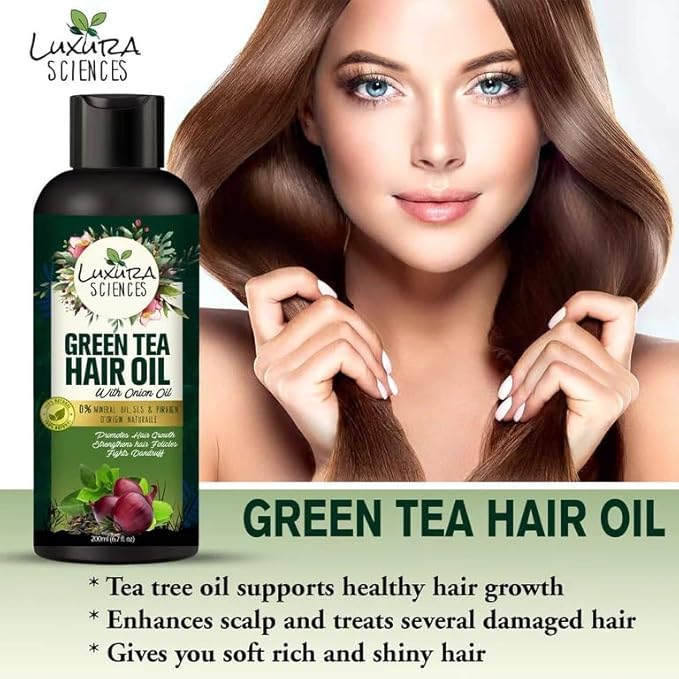 Luxura Sciences Green Tea Oil for Hair Growth | Controls Dandruff & Hair Loss | Root Strengthening Oil | Makes Hair Soft, Shiny & Thick | 6.76 Fl Oz/200 ml