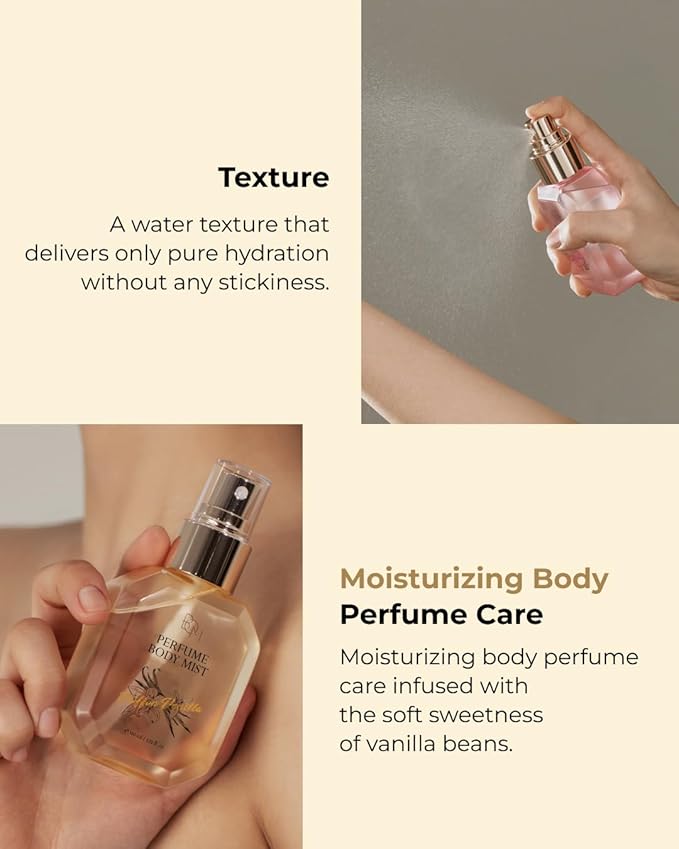 BOM Chiffon Vanilla Perfume Body Mist 3.71 Fl Oz, Vanilla Scented Fine Mist with Hyaluronic Acid, Niacinamide & Vitamin C, Hydrating, Lightweight Spray with Long-Lasting Fragrance, Korean Skincare
