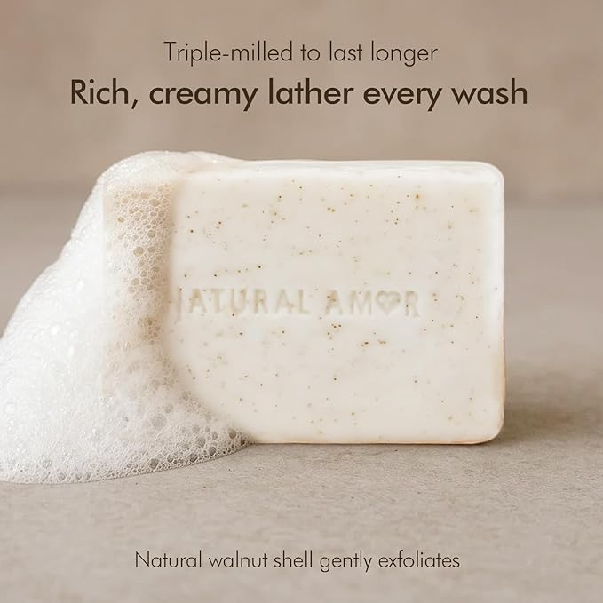 Natural Amor Lavender Tea Tree Soap Bar 7oz – Natural Exfoliating Body Soap with Walnut Shell – Long-Lasting Triple Milled Moisturizing Bar for Men & Women