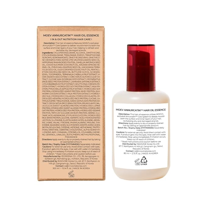 MOEV ANNURCATIN Hair Oil Essence, Heat Protect Hair Serum, Korean Nourishing Perfumed Oil for Dry, Frizzy, Damaged Hair, Anti-Frizz with Apple Seed Oil, Lightweight for Shine and Softness 2.7 fl.oz.