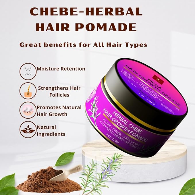 CHEBE MAGIC HAIR GROWTH GREASE, with Organic Chebe from Chad, Rosemary, Moringa leaf and Ayurvedic herbs. Stimulate scalp for Rapid Growth. For All Hair Types 4 oz (120ml)