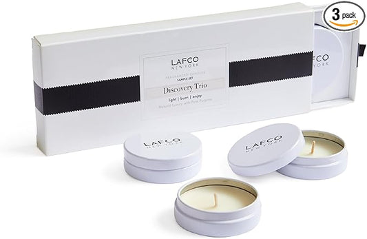 LAFCO New York Discovery Trio Best Sellers: Chamomile Lavender, Champagne & Feu de Bois - 3 Fragranced Candle Sample Tins - 4-Hour Burn Time Each - Made in The USA