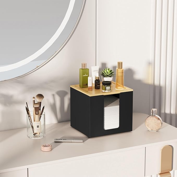 VITVITI Disposable Face Towel Holder Containers, Metal Iron Facial Clean Towels Box for XL Clean Skin Club, Large Capacity With Bamboo Lid for Bathroom, Black