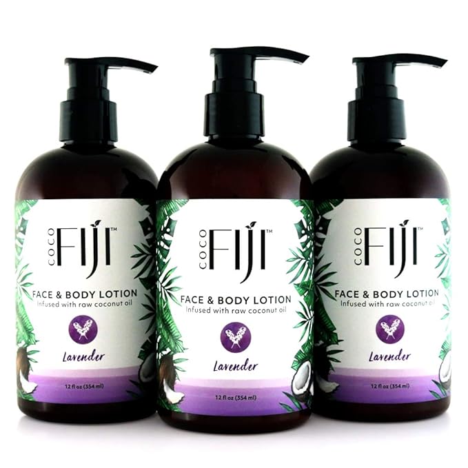 Coco Fiji Face & Body Lotion Infused With Coconut Oil | Lotion for Dry Skin | Moisturizer Face Cream & Massage Lotion for Women & Men |Lavender 12 ozPack of 3