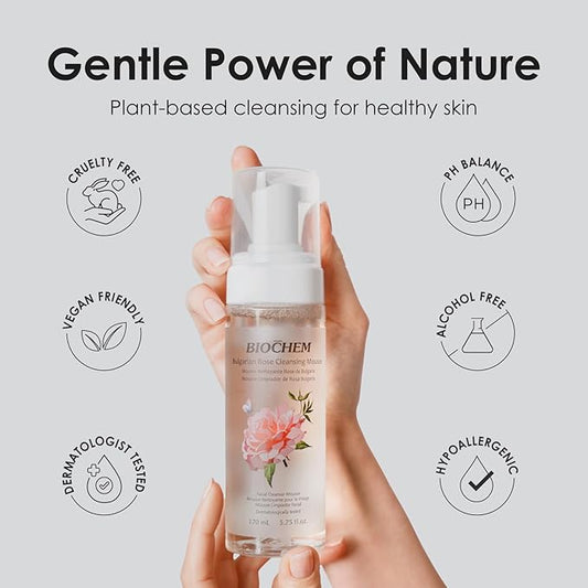BIOCHEM Bulgarian Rose Foaming Face Wash, 3-in-1 Cleanser Mousse with Rose Oil, Vitamin C & Hyaluronic Acid, Hydrating Gentle Daily Cleanser for All Skin Types, Cruelty-Free (5.75 fl oz / 170 mL)