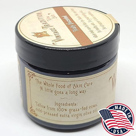Vintage Tradition Beef Tallow Balm for Skin Care - Unscented, All Purpose Balm for Sensitive Skin Heals and Hydrates with Olive Oil + Tallow from Grass-Fed Cows - Beef Tallow for Skin, 2 fl. oz.