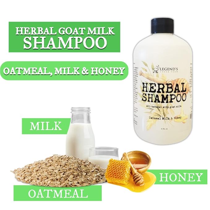 Legend's Creek Farm, Herbal Goat Milk Shampoo, Gently Cleansing & Soothing, Intense Softness & Shine, For Dry & Damaged Hair, 16 fl. Oz (Oatmeal, Milk, & Honey H.S.)